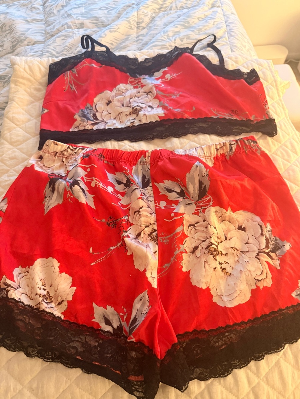 Floral Lace-Trim Red Satin Pajama Set